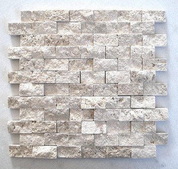 Light Travertine 1x2 Splitface Finish Mosaic Wall Backsplash Tile, Natural Stone, Ivory Color, 12"x12" Sheet, 1 sqf