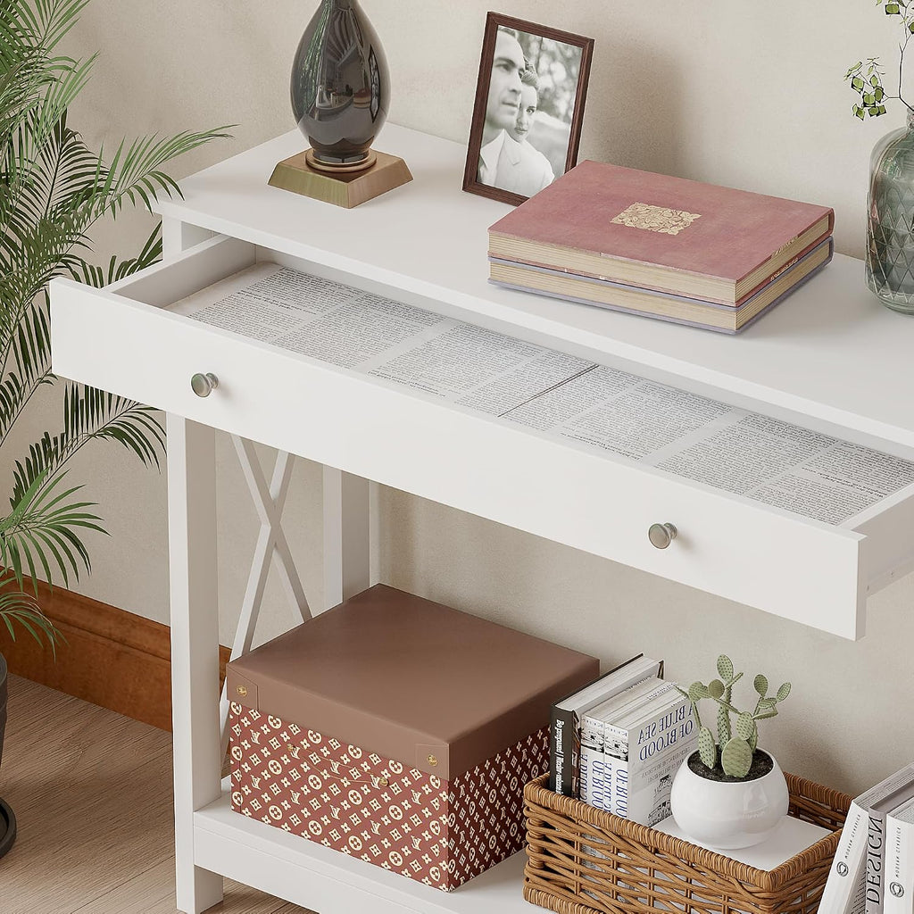 White Console Table with Drawer and Storage Shelves, Foyer Sofa Table Narrow
