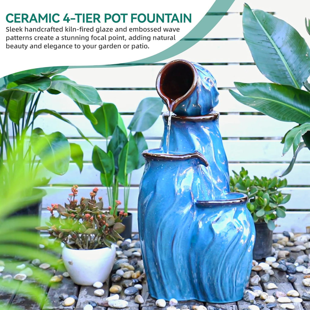29" Outdoor Water Fountain, Ceramic Outdoor Fountain, Stacked 4-Tier Pots Waterfalls Decor, Creating Relaxing Serene