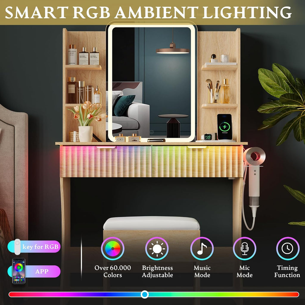 Vanity Desk with LED Lights Mirror & Power Outlet, Small Makeup Vanity Table Set with Storage Drawers & Chair, 3