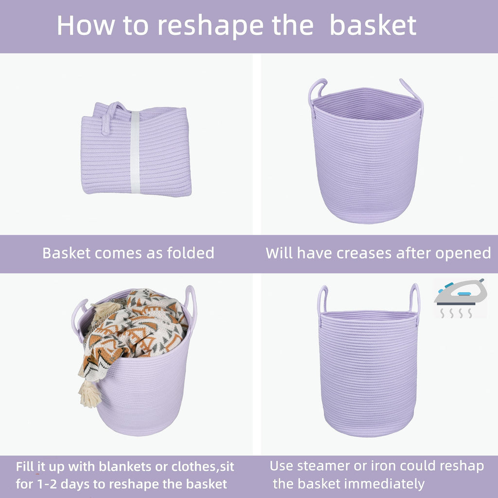 Woven Cotton Rope Laundry Basket, 15" x 20" Laundry Hamper, Purple