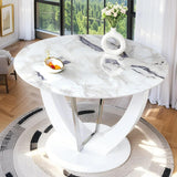 47" Round Dining Table for 4-6, White Faux Marble Kitchen Table with Wood Pedestal, Modern Circle Dinner Tables for