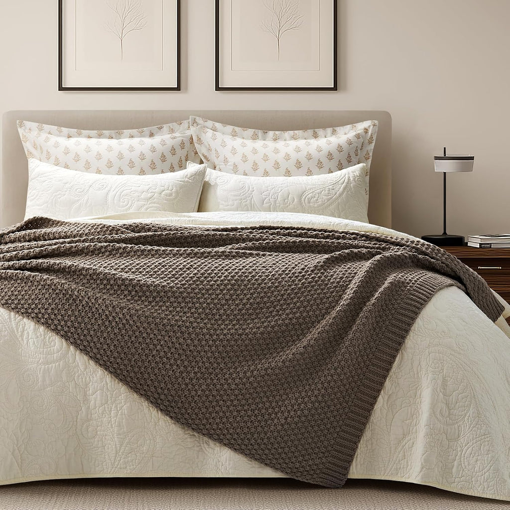Chunky Chenille Knit Throw Blanket, Soft Luxurious Moss Stitch Blankets, Cozy Decorative Farmhouse Knitted Throws