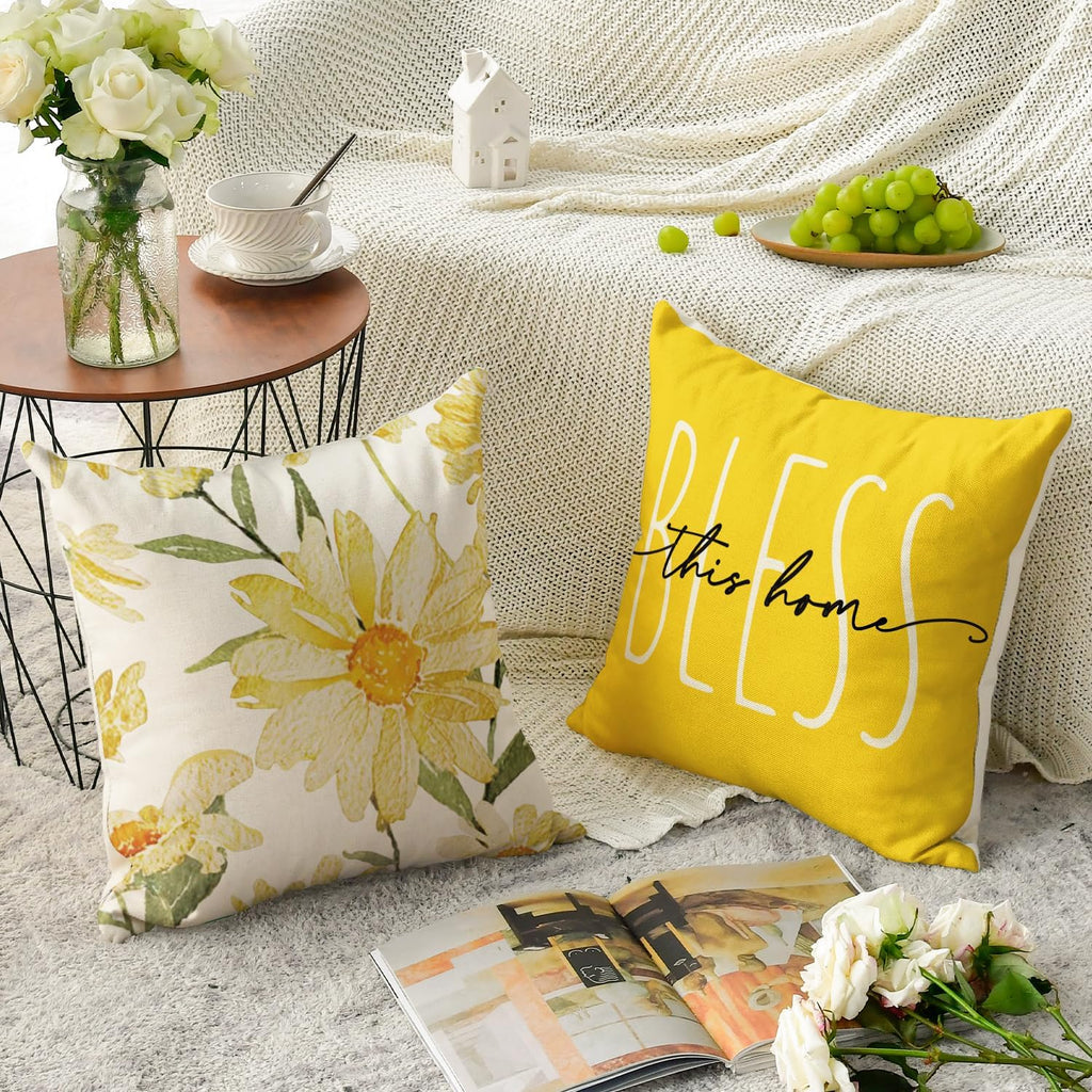 Home Sweet Home Spring Summer Flowers Yellow Throw Pillow Covers, 18 x 18 Inch Cushion Case