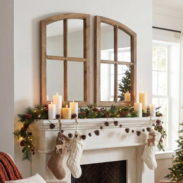 Farmhouse Arched Window Wall Mirrors with Rustic Wood Frame