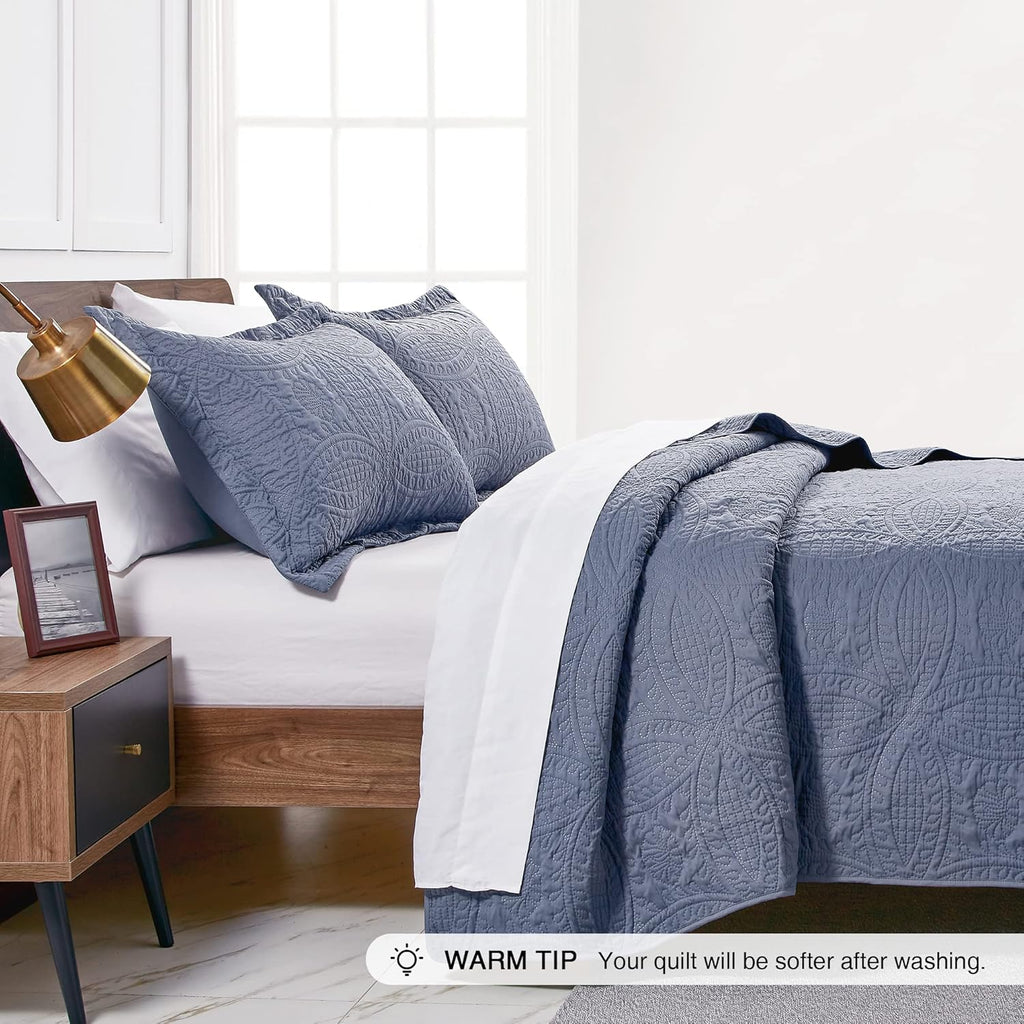 King Quilt Set Blue Bedspreads - Soft Bed Summer Lightweight Bedspread Comforter - Modern Style Coin Pattern Coverlet - Set of 3