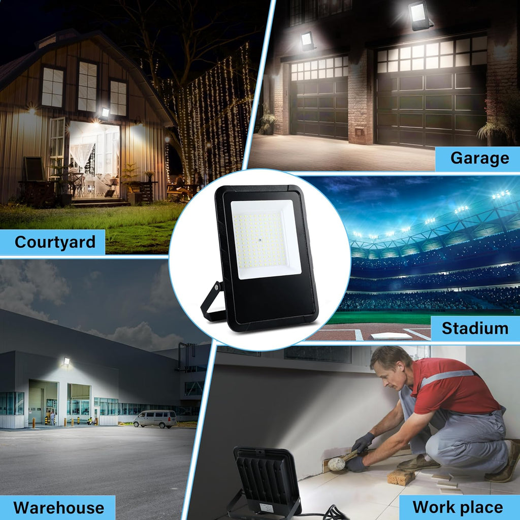 2 Pack LED Flood Lights Outdoor, 100W 10000LM Super Bright Outside Work Light with Plug, IP65 Waterproof, 6500K