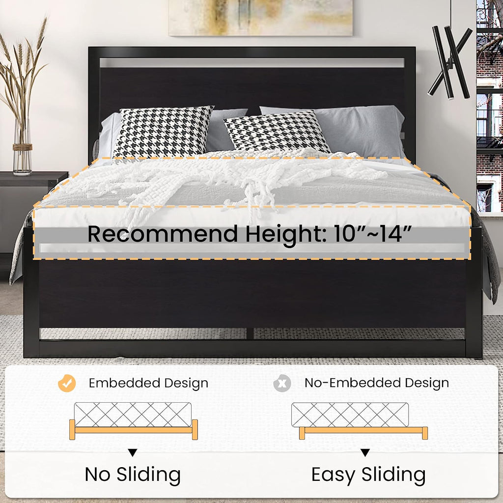 Queen Bed Frame with Modern Headboard, Heavy Duty Platform Metal Base with Square Footboard and 13 Strong Slats
