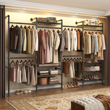 Wall Mounted Garment Rack, Industrial Pipe Metal Clothing Rack with 6 Hanging Rods (4 Expandable) & 8 Shelves, Closet