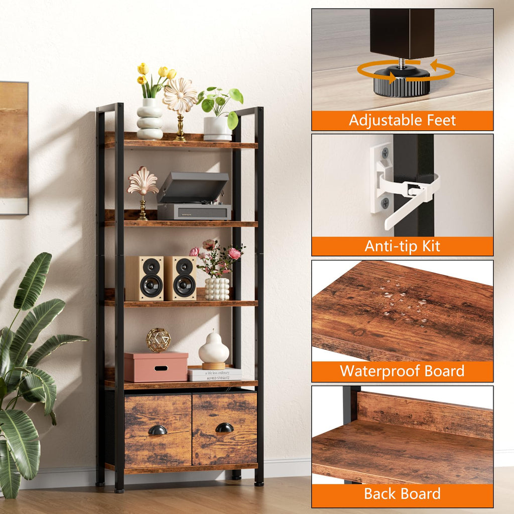 5-Tier Bookshelf, Tall Bookcase with Fabric Drawers, Rustic Brown