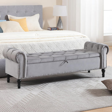 Velvet Storage Bench 67 Inch Upholstered Tufted Ottoman Bench with Arms King Size End of Bed Bench Living Room
