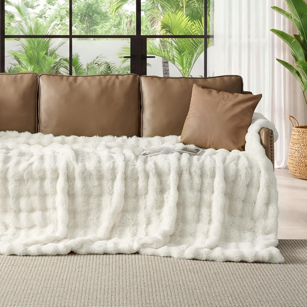 Faux Fur Throw Blanket Cream White - Big Bubble Rabbit Fluff Blanket, Small Fluffy Fuzzy Cozy Blanket, Thick Furry