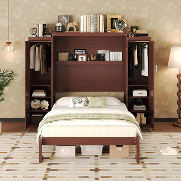 Full Murphy Bed Wall Cabinet with 2 Wardrobe & Storage Shelf, Wood Foldable Platform Bed Frame for Guest Room