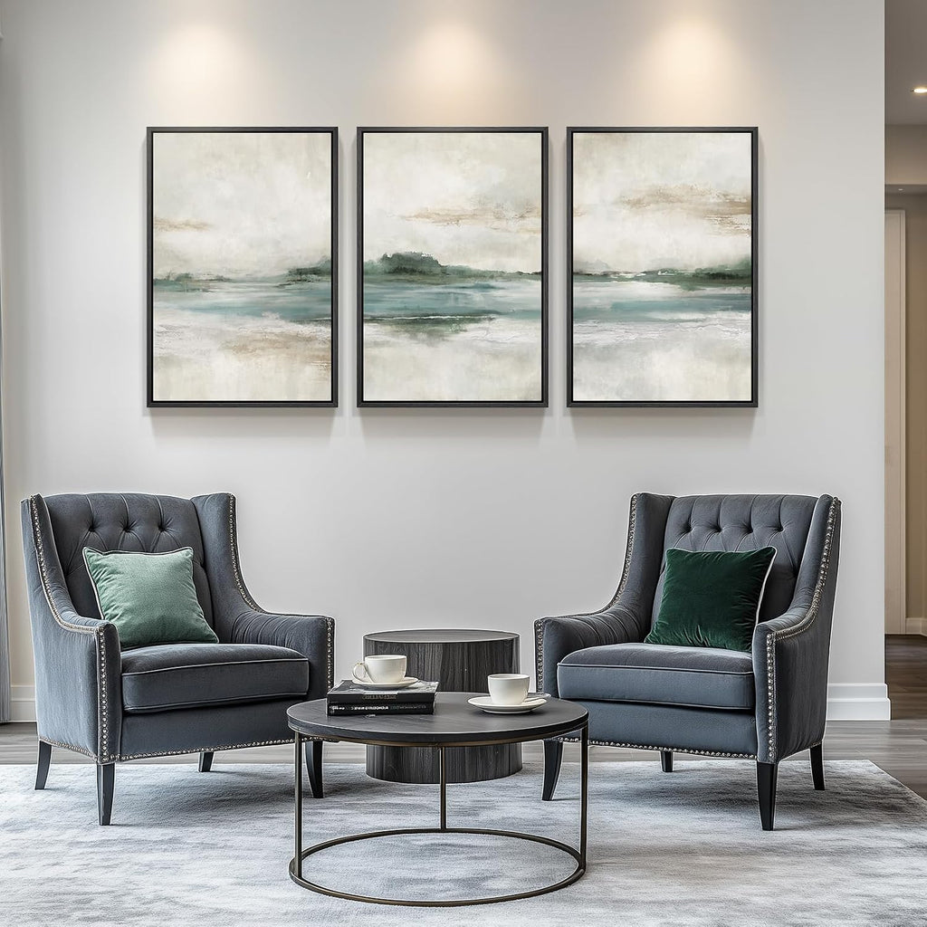 Large Framed Abstract Nature Landscape Wall Art , Set of 3 Modern Canvas Prints Paintings Artwork for Walls, Green