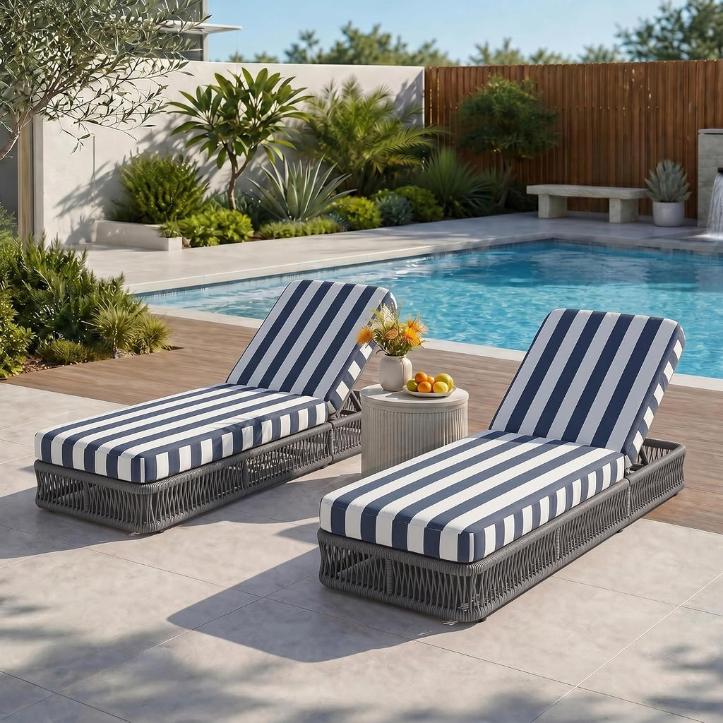 Outdoor Chaise Lounge Chair Set of 2, 5-Position Adjustable Backrest, All-Weather Grey Woven Rope Recliner