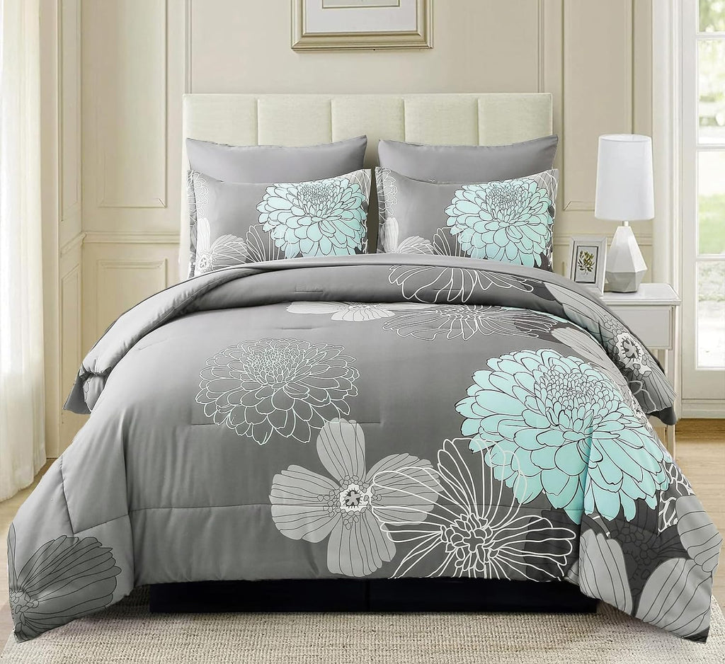 7 Pieces Bed in a Bag Floral Comforter Set Queen Flowers Bedding Set Soft Microfiber Boho Comforter Sets with 1