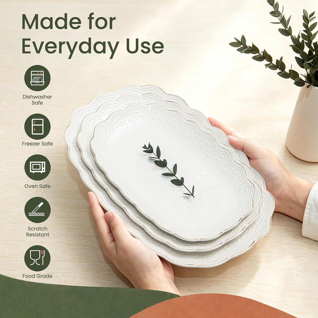 Ceramic Serving Platter Set | 16"/14"/12" Oval Serving Trays for Entertaining at Parties and Weddings | Oven Safe