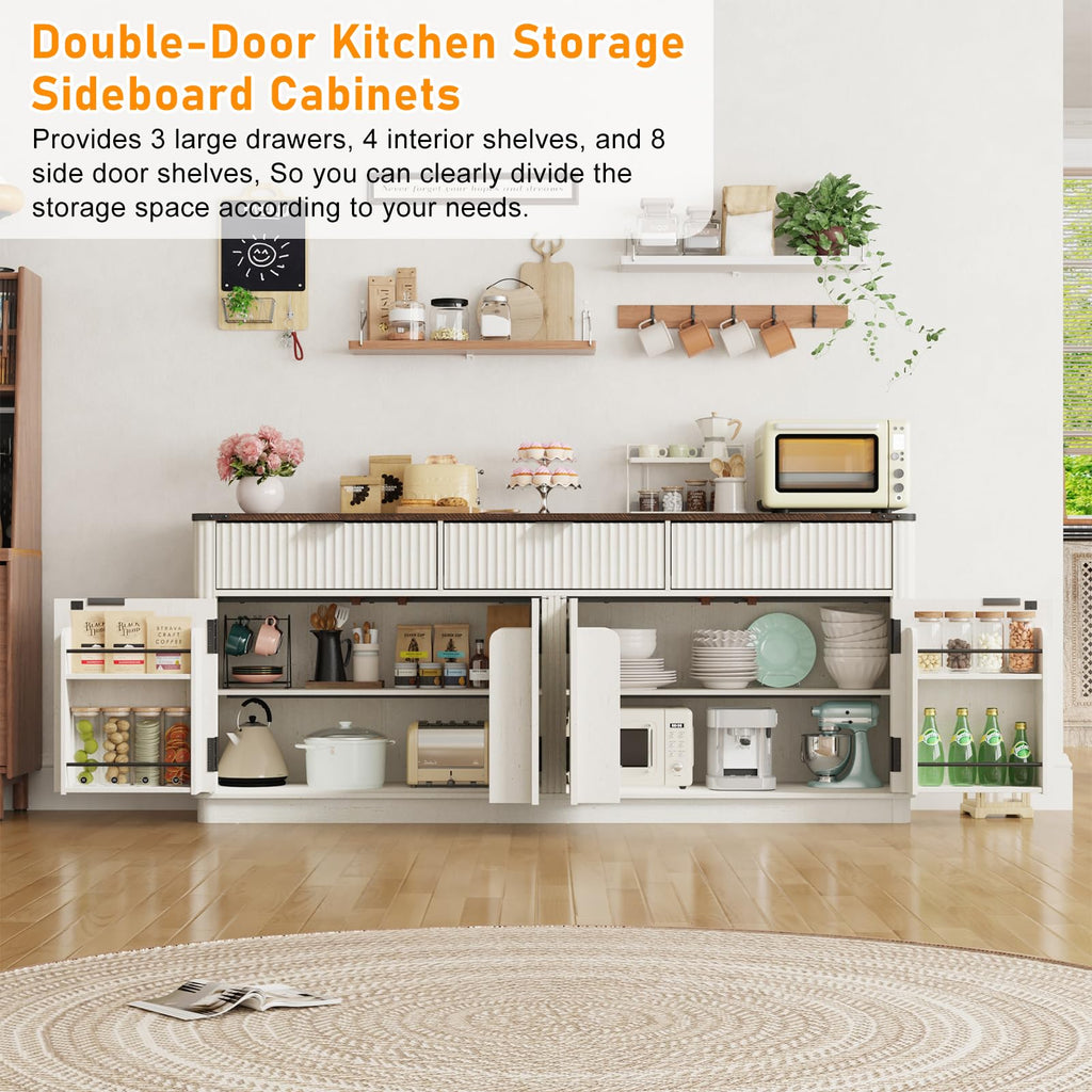 70" Rounded Edge Large Sideboard Buffet Cabinet with 3 Storage Drawers, Farmhouse Kitchen Fluted Sideboard Cabinet w 4
