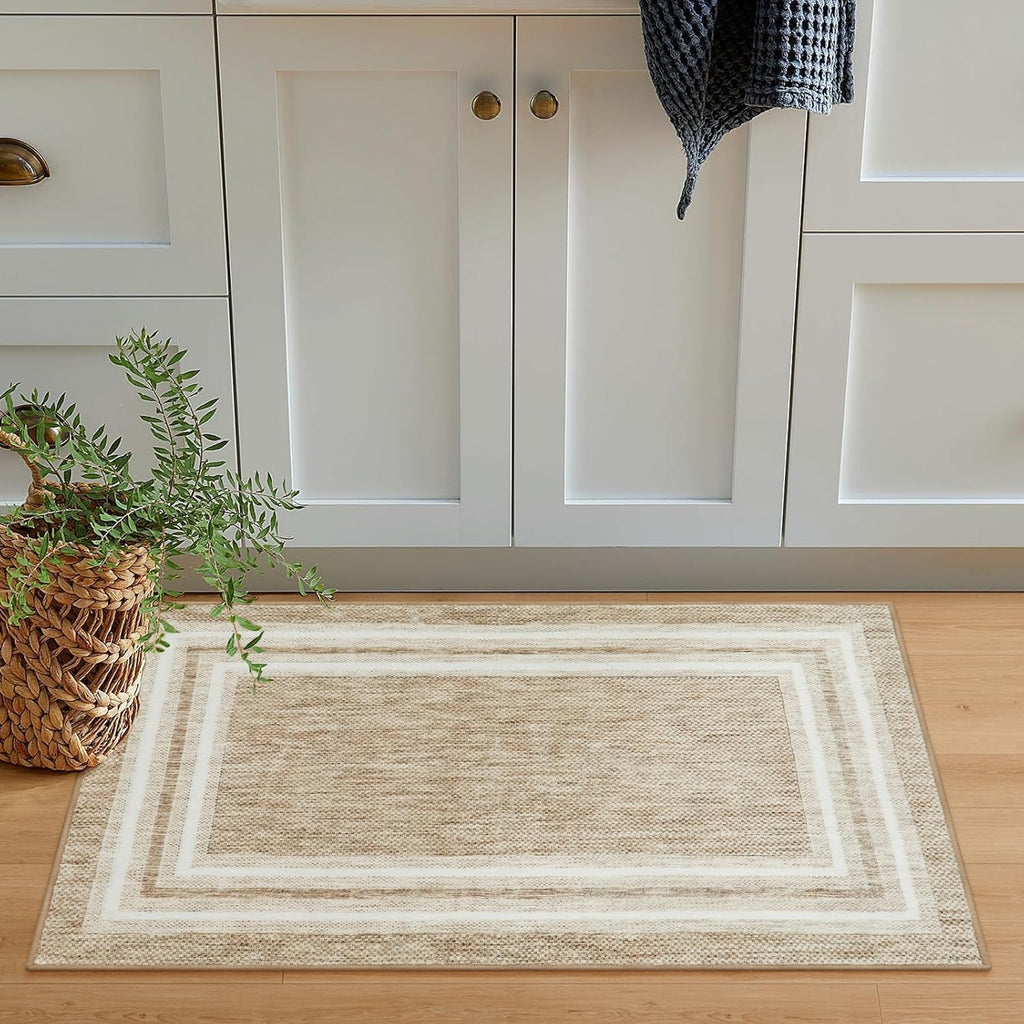 Modern Bordered Kitchen Rugs Non Slip Washable, Printed 2'x3' Entryway Rug Thin Soft Small Area Rug 