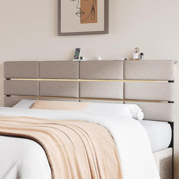 Full/Queen Upholstered Headboard, Adjustable Head boards with LED Light & Charging Station, Bed Headboard Only