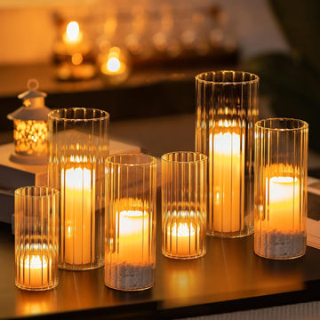 Ribbed Glass Candle Holder, Cylinder Candle Holders for Pillar Candles, Clear Hurricane Candle Holder Set of 6