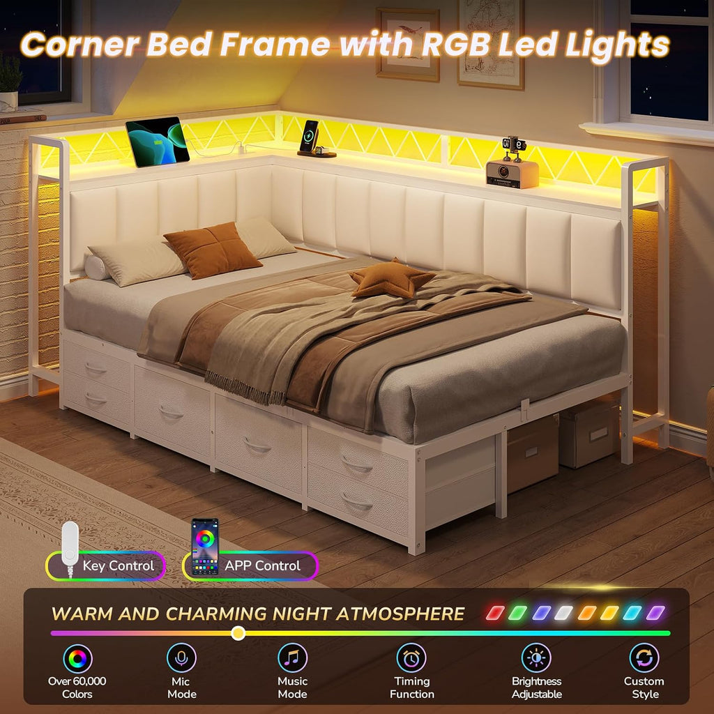 Twin Corner Bed Frame with 6 Storage Drawers and Upholstered Guardrail, Charging Station Twin Size Platform Bed Frame