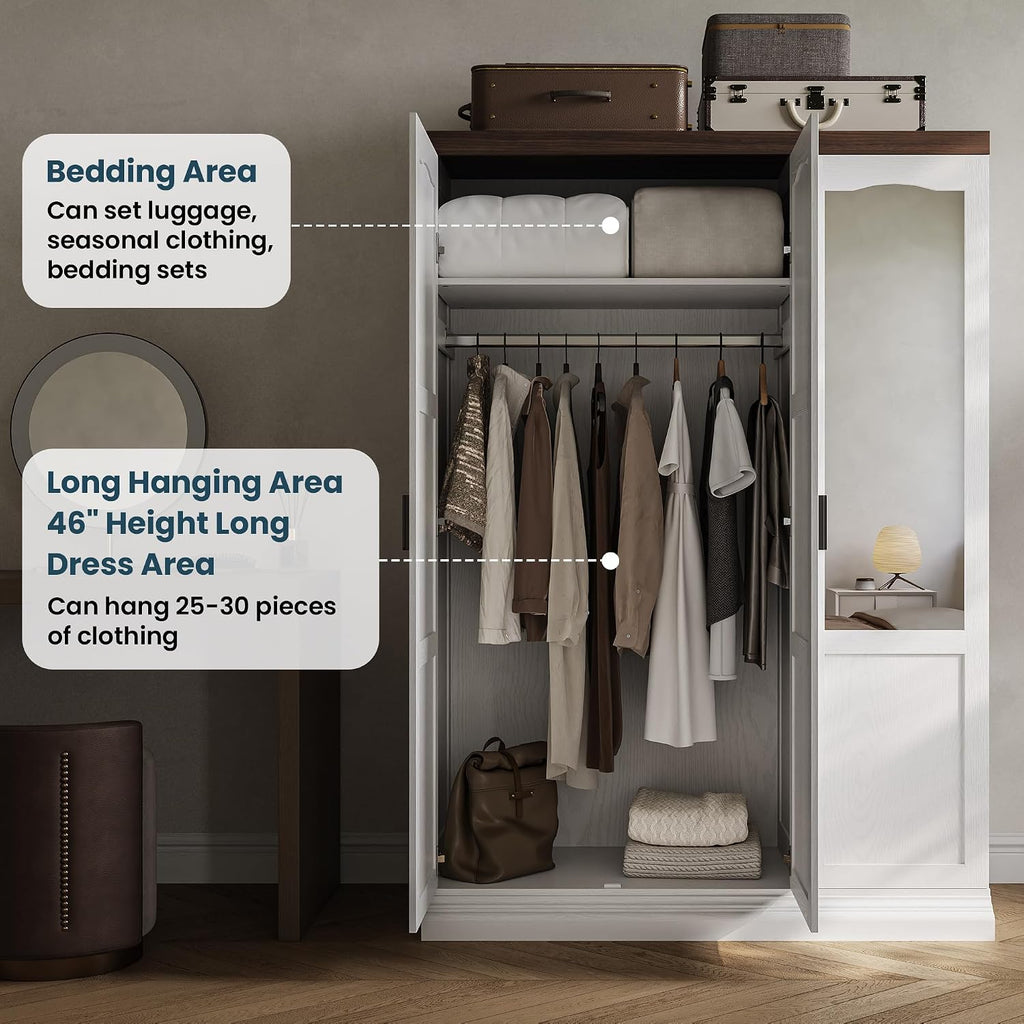 3-Door Armoire Wardrobe Closet with Mirror and 2 Hanging Rods | Long & Short Hanging Zones / 3 Shelf Levels /