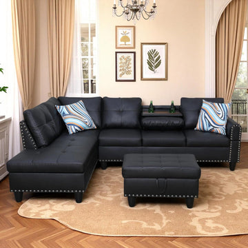 Leather 3-Piece L-Shaped Couches for Living Room, Sectional Sofa with Storage Ottoman & Movable Chaise