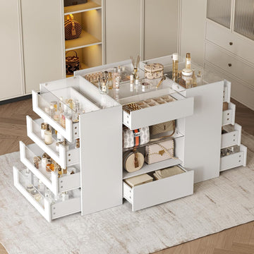 Closet Island with 12 Drawers, Glass Top & Display Shelves, White | Wardrobe Armoire Bedroom Island, White Dresser