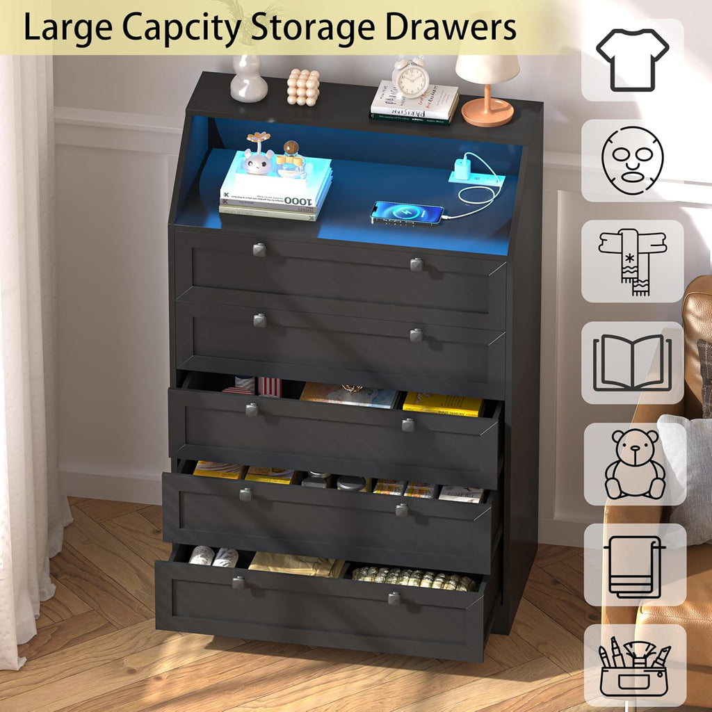 Black Dresser Tall 5 Drawer Dresser , Wood Chest of Drawers with LED Lights, Charging Station, Metal Handles, Modern