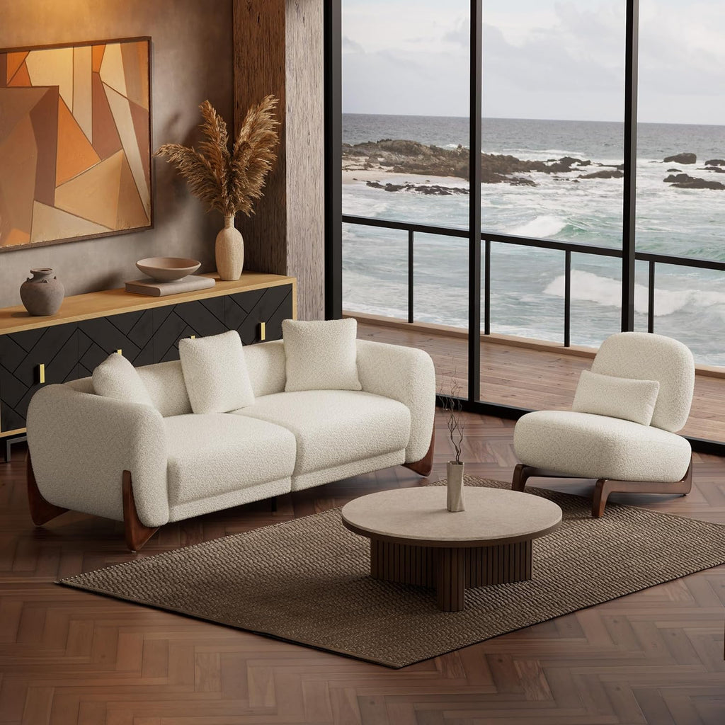 Boucle Chair, Upholstered Accent Chair Tilted Wooden Leg with Durable Comfy Boucle Pet-Friendly Thick Cushion &