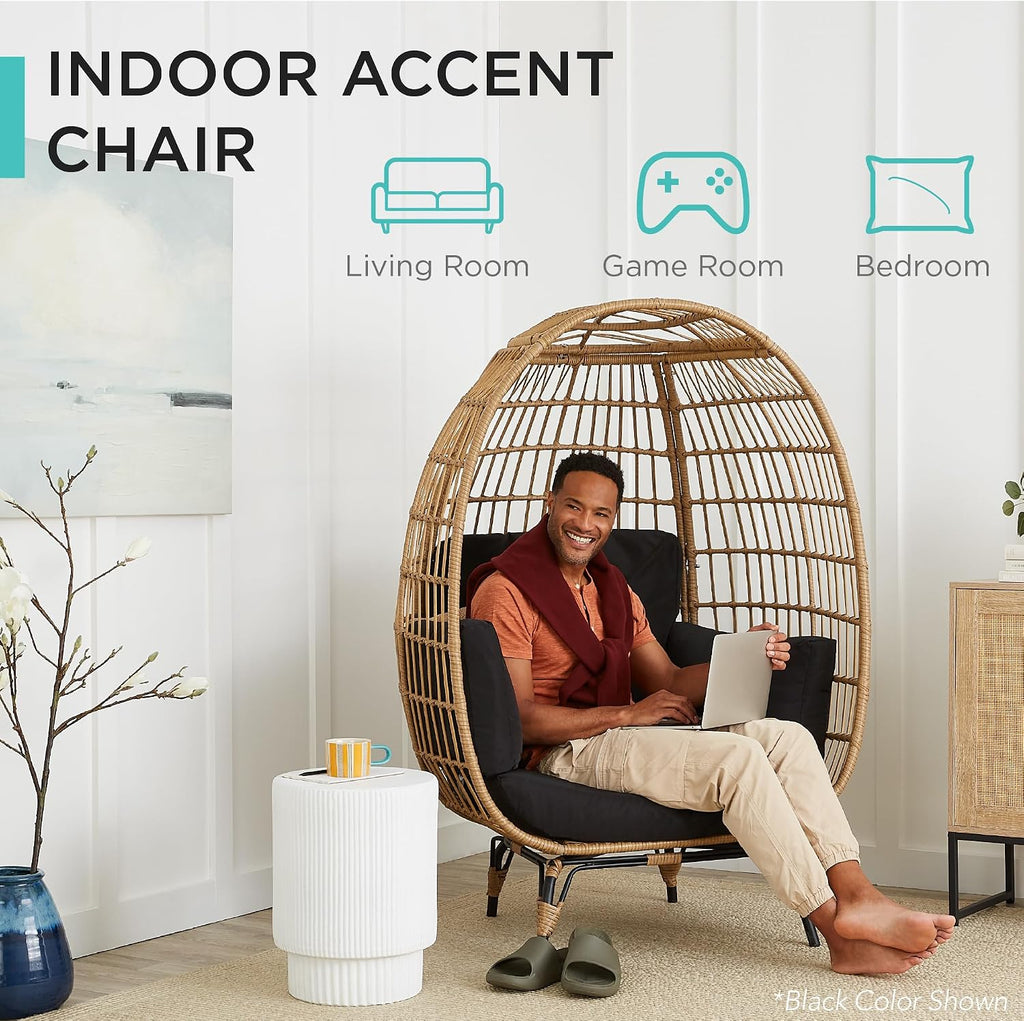 Wicker Egg Chair, Oversized Indoor Outdoor Lounger , Backyard, Living Room w/ 4 Cushions, Steel Frame, 440lb Capacity