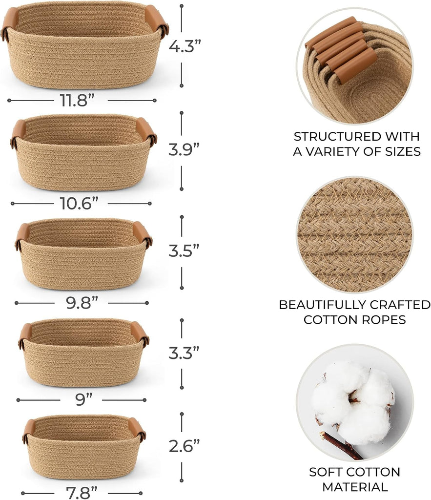 Beautiful Storage Basket Set of 5 - Sturdy Jute Rope Baskets for Shelves Are Perfect for Organizing Your Home