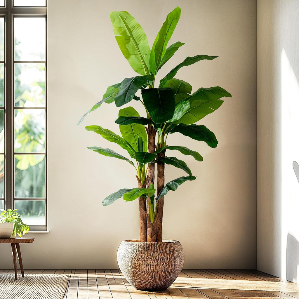 8.2FT Artificial Banana Tree, Lifelike Fake Banana Leaf Tropical Silk Tree, Easy Assembly Faux Floor Plant with