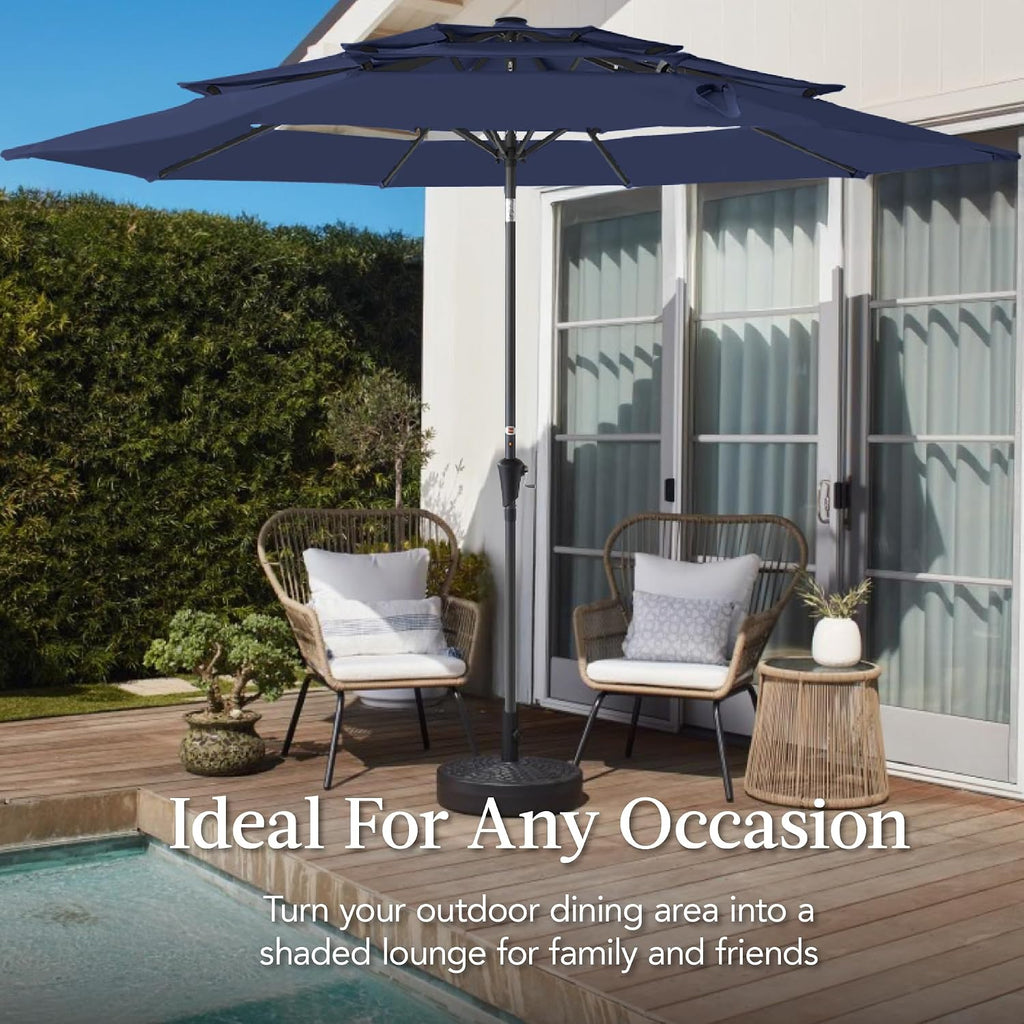 10ft 3-Tier Market Patio Umbrella, Outdoor Sun Shade with Tilt, Crank Lift, 8 Ribs - Navy Blue