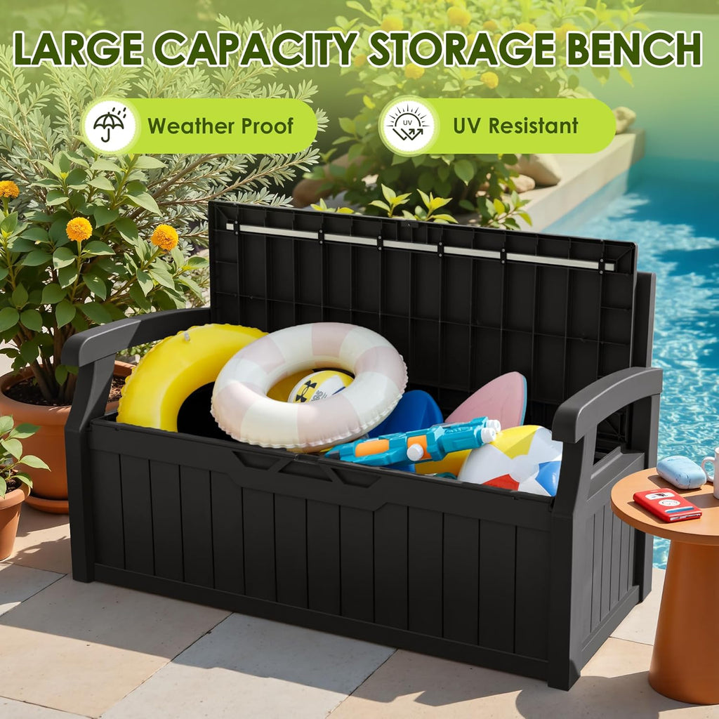 80 Gallon Outdoor Storage Bench, Deck Box, Dark Black | Weather-Resistant Patio Furniture Bench for Backyard, Garden