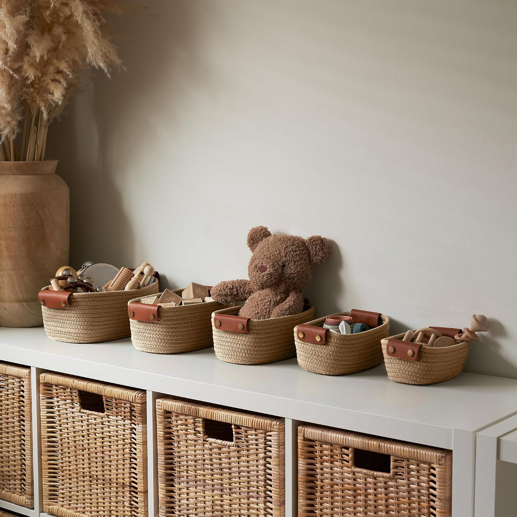 Beautiful Storage Basket Set of 5 - Sturdy Jute Rope Baskets for Shelves Are Perfect for Organizing Your Home