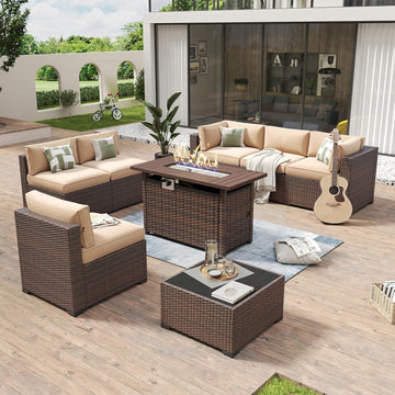 8 Piece Patio Furniture Set with 44" Fire Pit Table Wicker Rattan | Outdoor Sectional Sofa Set with Coffee Table and