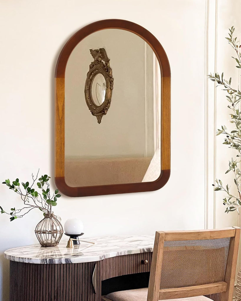Arched Mirror 24 x 36 Inch,Brown Wood Rustic Bathroom Tempered Wall Mirror with Wood Frame,Round Corner Arch Farmhouse