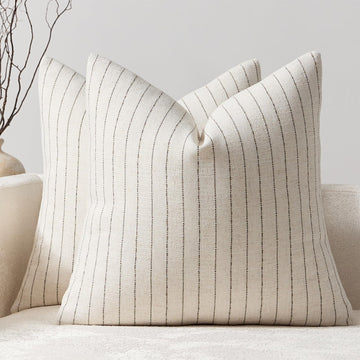 Pack of 2 Linen Striped Throw Pillow Covers 24x24 Neutral Euro Sham Covers Farmhouse Decorative Square Accent Couch