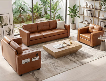 Brown Leather Sofa Couch Sectional Couches , Comfy Sofas with USB USB & Type C Charger, Home Office 3 Piece Living