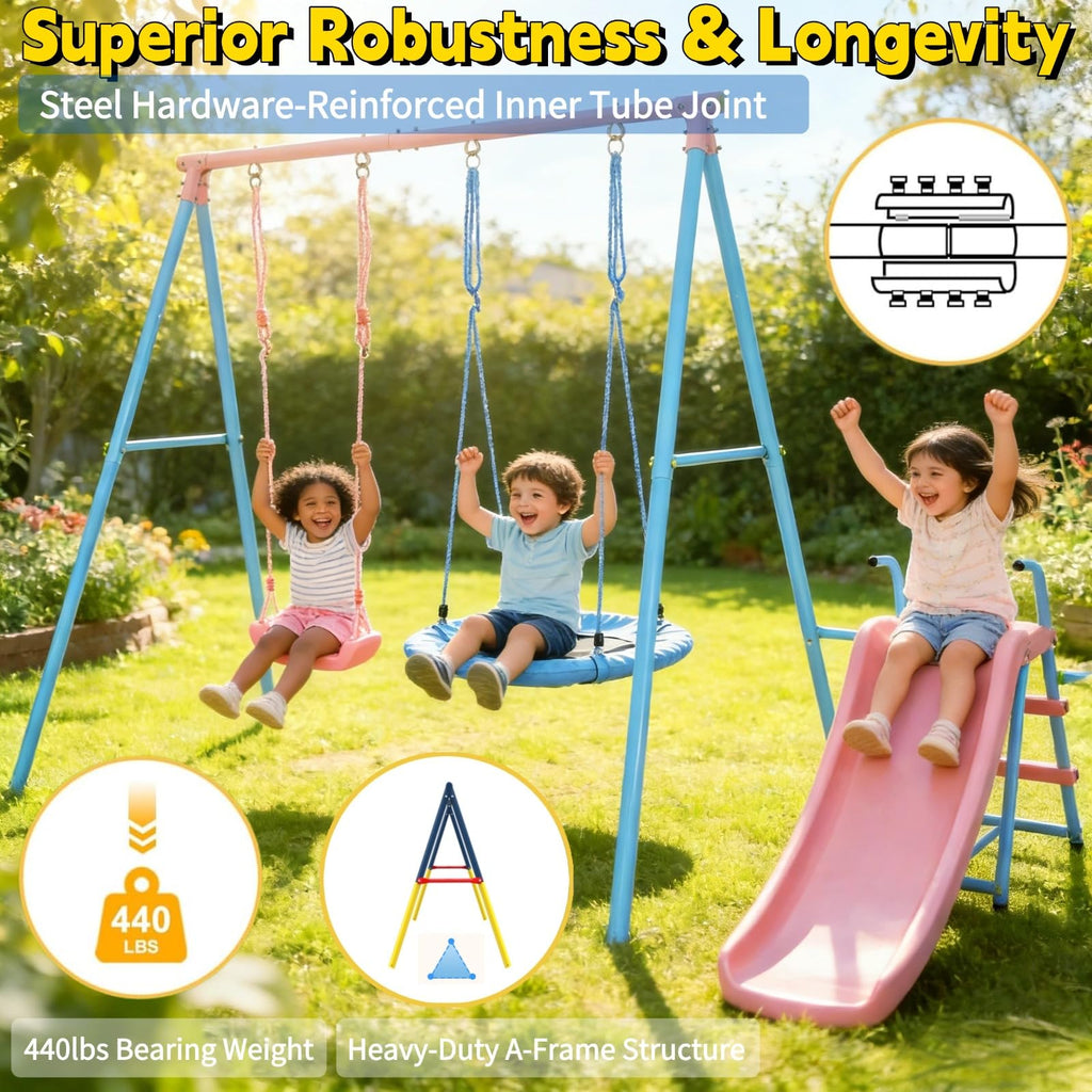 Swing Sets for Backyard with Slide 440lbs Heavy-Duty Metal A-Frame Outdoor Kids Playset with 1 Saucer Swing 1 Belt
