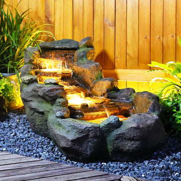 42.1" L Garden Water Fountain Outdoor, Floor Standing Mutiply Tiered Rock Outdoor Fountains with LED Lights and Pumps