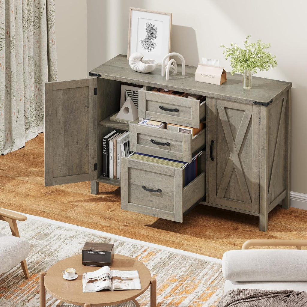Farmhouse Lateral File Cabinet with 3 Drawers and Doors, Rustic Grey | Lateral Filing Cabinet Fits Letter or A4 Size