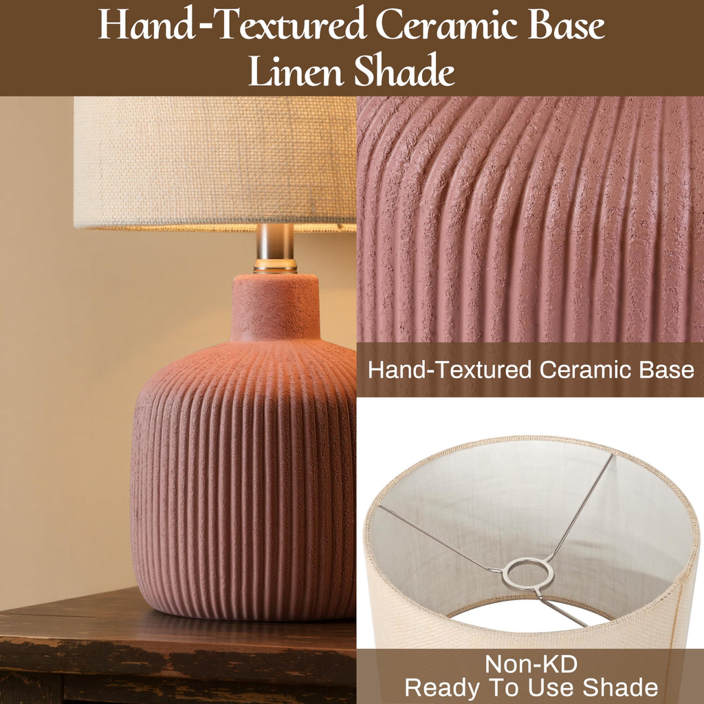 Ceramic Table Lamp, 17.75" Rustic Farmhouse Bedside Lamp with Beige Linen Shade, Warm Ambient Nightstand Lighting