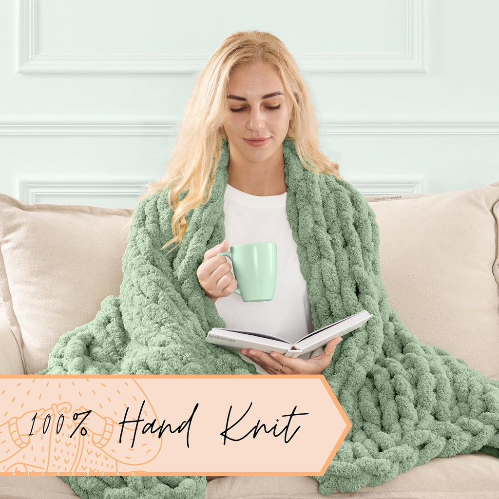 Chunky Knit Blanket Throw | 100% Hand Knit with Jumbo Chenille Yarn (50"x60", Sage Green)