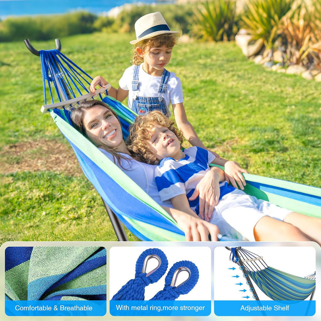 Double Hammock with Stand, 2 Person Hammock with Anti-Rollover Spreader Bar, Adjustable Height Heavy Duty Steel