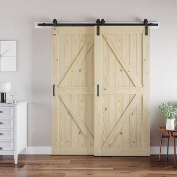 Double 30x80 in Door, for 51"x80" Opening, Solid Wood Panelled Bypass Barn Door with Sliding Hardwar