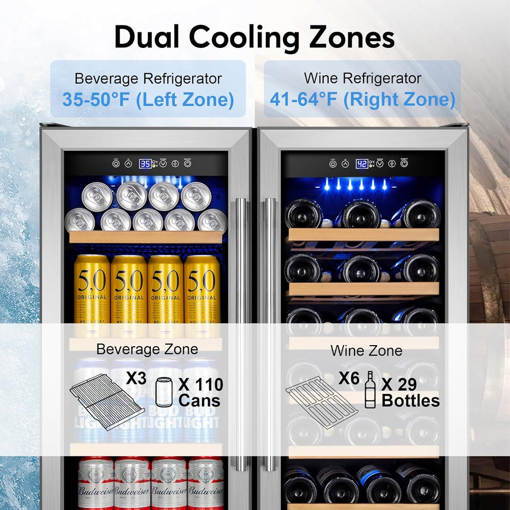 30" Wine and Beverage Refrigerator - Dual Zone Wine and Beverage Cooler
