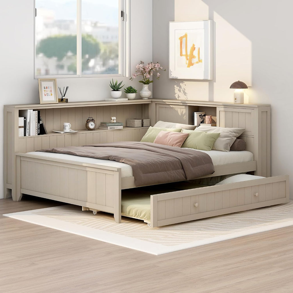 Full Daybed with Storage Shelves and Trundle, Wood Slat Support, No Box Spring Needed, Antique White